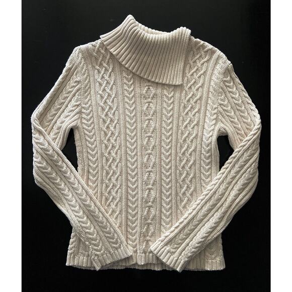 WAINSCOTT Cream/White Braided Knit Fisherman Sweater w/Split Collar sz Small - Picture 1 of 9